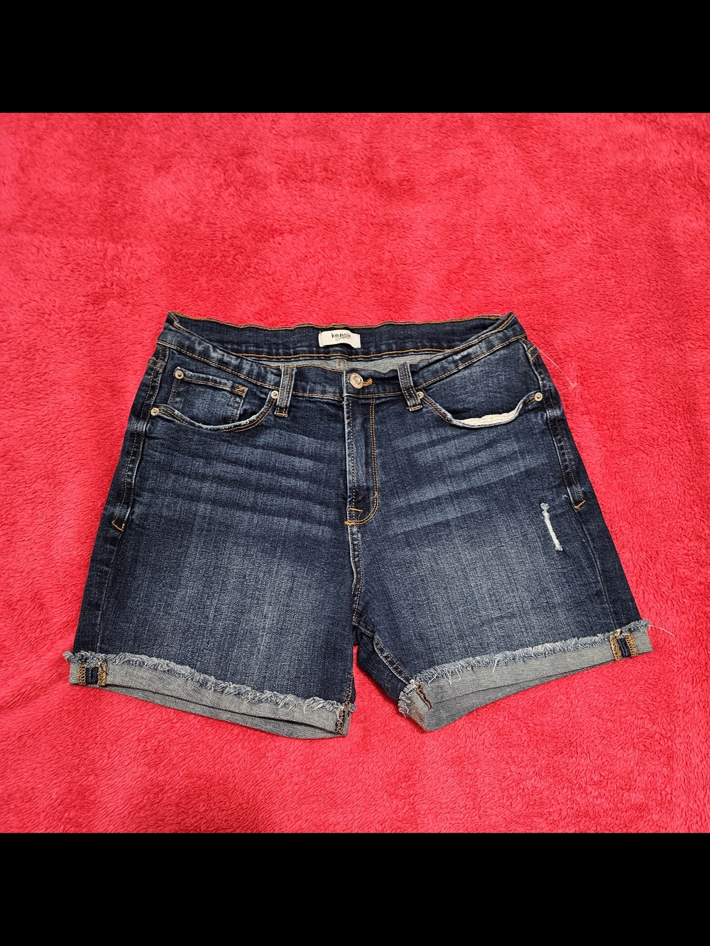 Kensie Dark Blue Frayed Hem Denim Shorts